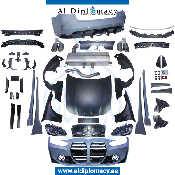 Front Rear G20-g80 M3 WIDE BODYKIT MIDDLE EXHAUST LOOK Complete. Bumper, Bumper, Hood, Fender, Headlight, SIDE Skirt, AND EXHAUST for BMW 3 Series G20 (2018-2022) models, Part Number T-G20 TO G80 M3 WIDE BODYKIT-2019- UP-MIDDLE-CO